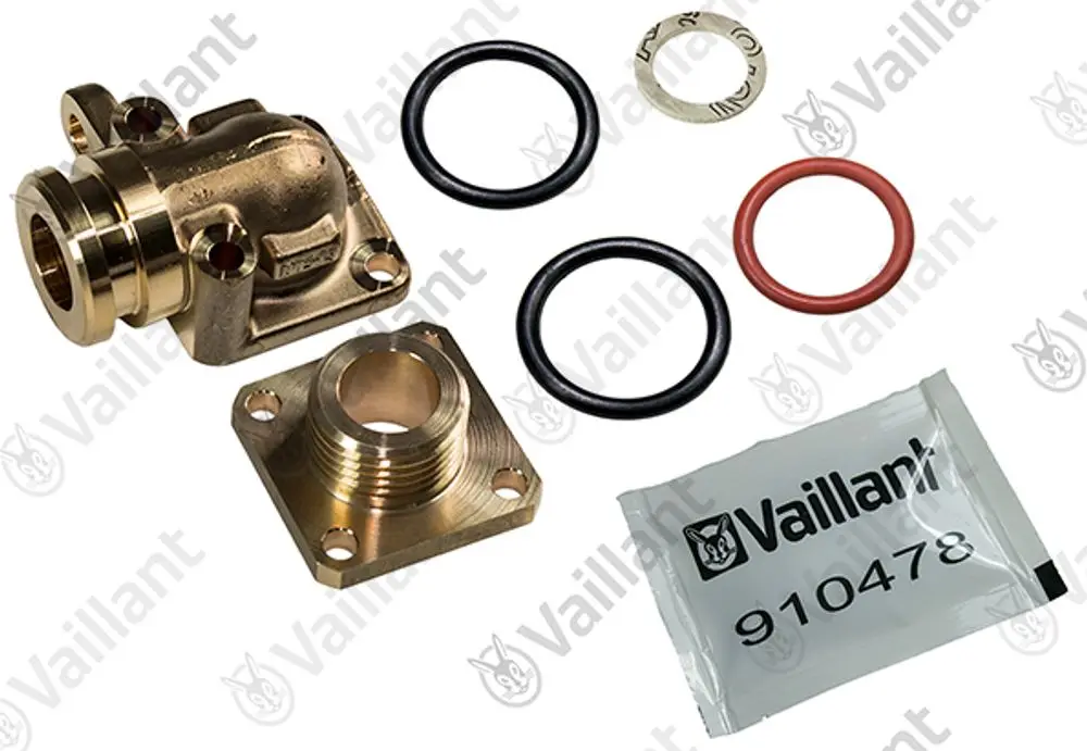 Vaillant Anschlussstück mit Dichtungsringen und einer Verpackung. Enthalten sind verschiedene O-Ringe in Schwarz und Rot sowie eine metallische Verbindung.